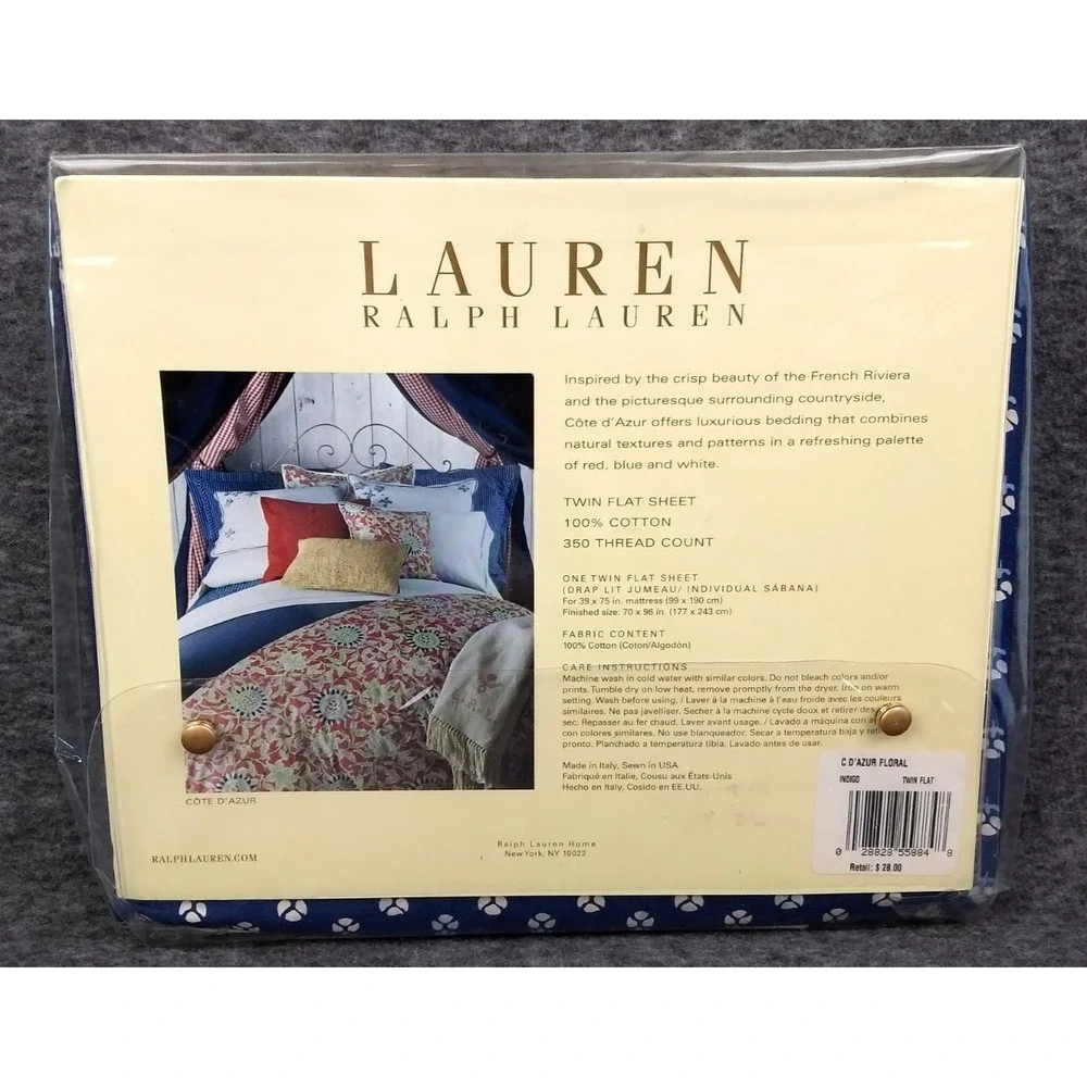 Ralph‎ Lauren Cote D'Azur Twin Flat Sheet Indigo Floral Cotton 350TC Italy NEW
